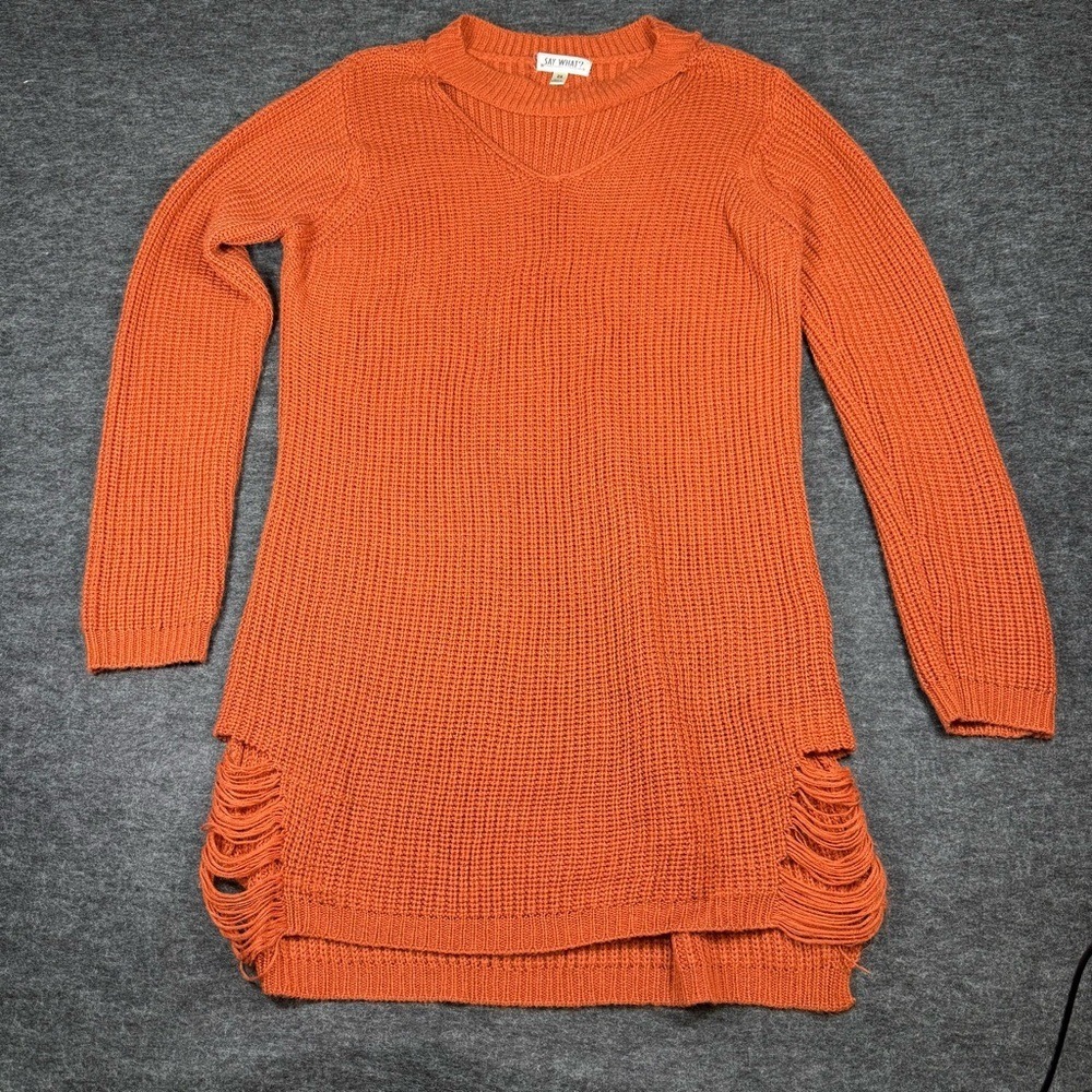 Say What? Burnt Orange Shaker Knit Choker‎ Neck Distressed Tunic Sweater Medium